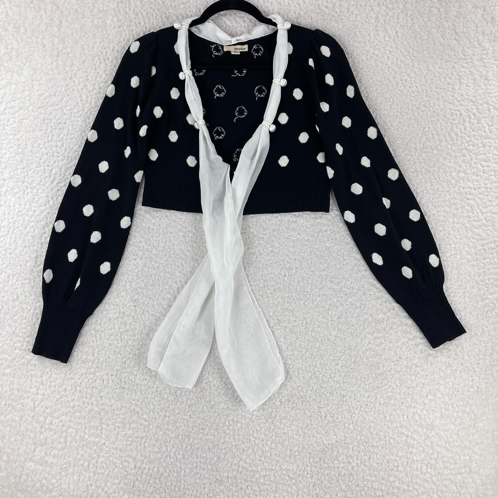 Beulah Black White‎ Polka Dot Cropped Knit Shirt Womens Long Sleeve Size Medium